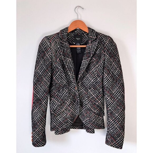 Smythe One Button Gingham Plaid Hunting Elbow Patch Blazer Black Red Size 2 - Picture 2 of 5